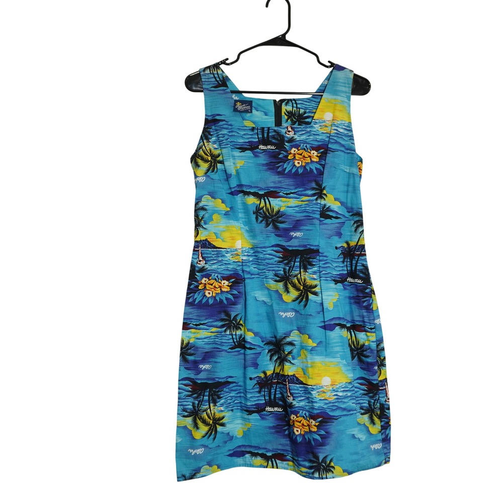 Royal Creations Hawaii Women's Shift Dress Large Blue Tropical Palm Tree Cotton